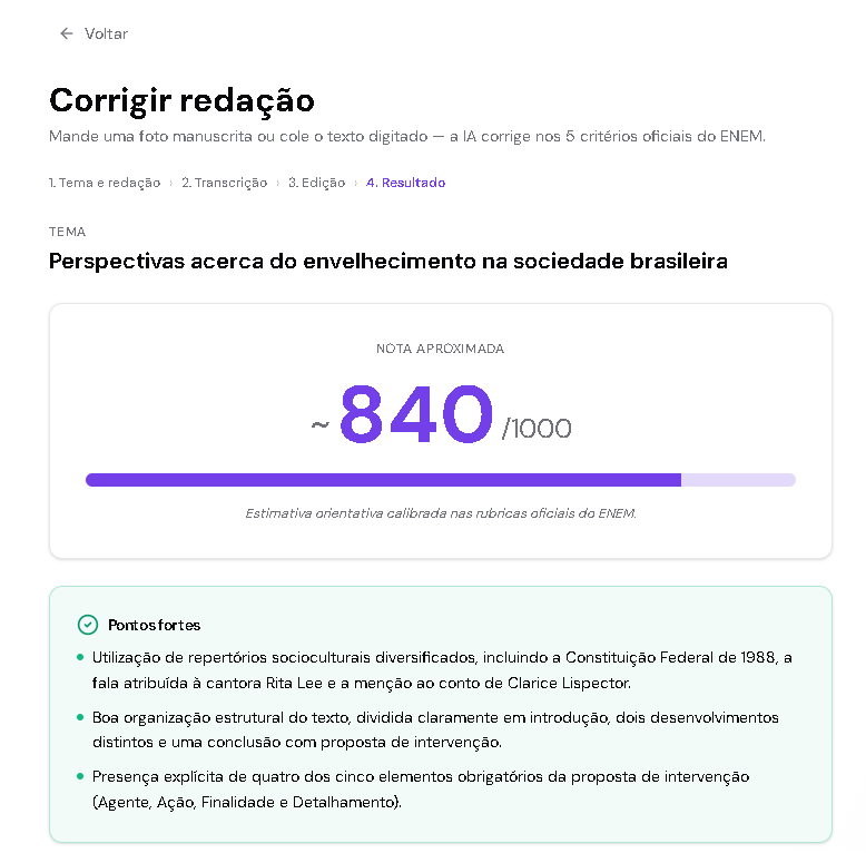 Tela de correção com a nota aproximada e os pontos fortes da redação
